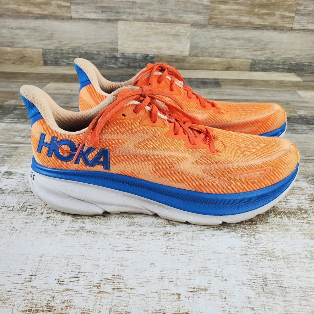 Hoka One One Clifton 9 Mens Shoes Sz 12.5 D Vibrant Orange Impala Mesh Sneakers